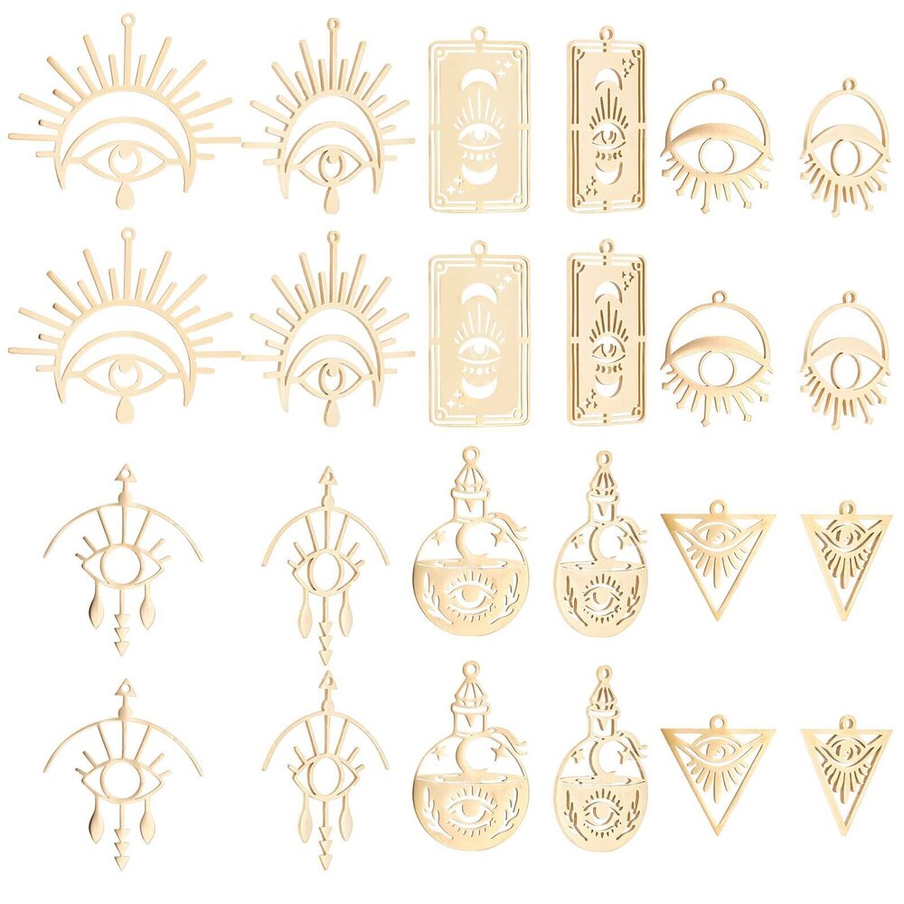 2636 12Pcs 6 Styles Filigree Evil Eye Symbol Charms Stainless Steel Retro